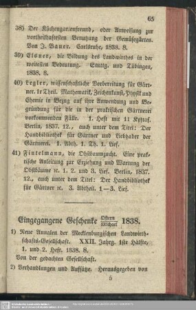 Eingegangene Geschenke Ostern - Michael 1838