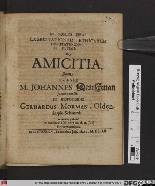 Exercitationum Ethicarum Disputatio XXVI. Et Ultima. De Amicitia