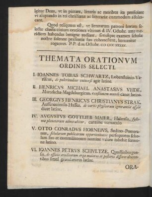 Themata Orationum Ordinis Selecti.