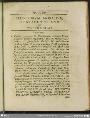 Selectorum Moralium Tentamen Primum De Puncto Morali