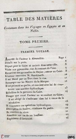 Table des maatières conetues dans le voyages en Égypte et en Nubie
