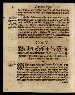 Cap. V. Welcher Gestalt die Notarien/ nach geleistetem Eyde/ creiret, zu ihrem Ampt bestättiget/ was man sie darbey zuerinnern pfleget/ unnd wie der Eydt lautet.