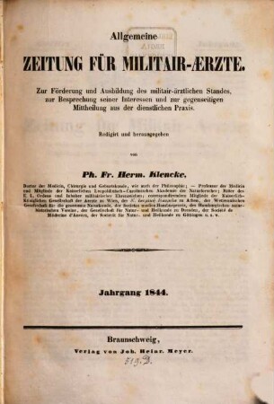 Allgemeine Zeitung für Militair-Aerzte : zur Förderung u. Ausbildung des militair-ärztlichen Standes .., 1844