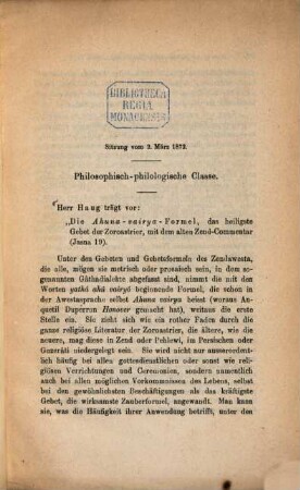 Die Ahuna-vairya-Formel, das heiligste Gebet der Zoroastrier, mit dem alten Zend-Commentar (Jasna 19)