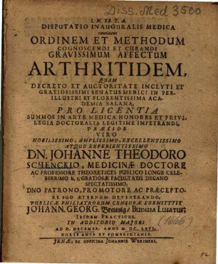 Disputatio Inauguralis Medica continens Ordinem Et Methodum Cognoscendi Et Curandi Gravissimum Affectum Arthritidem