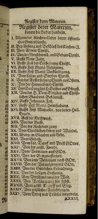Register derer Materien, davon die Lieder handeln.