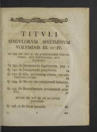 Tituli Singulorum Speciminum Voluminis III. et IV.