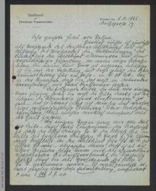 Brief von Marie Stritt an Dorothee von Velsen