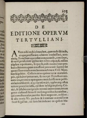 De Editione Operum Tertulliani.
