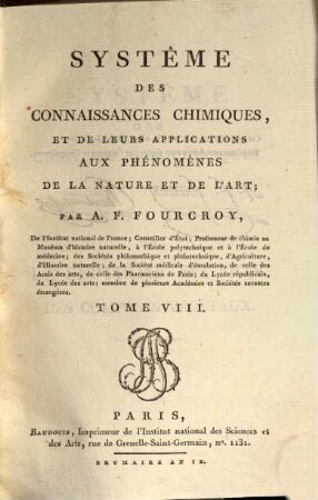 Système des connaissances chimiques, et de leurs applications aux phénomènes de la nature et de l'art, 8