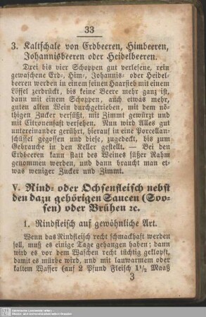 V. Rind- oder Ochsenfleisch nebst den dazu gehörigen Saucen (Soosen) oder Brühen