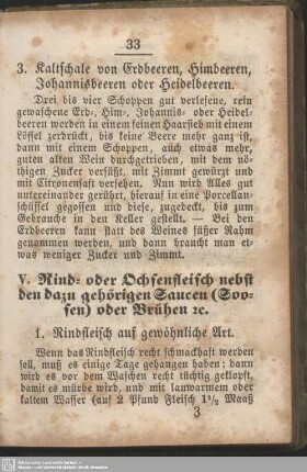 V. Rind- oder Ochsenfleisch nebst den dazu gehörigen Saucen (Soosen) oder Brühen