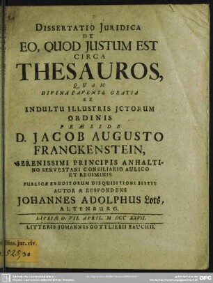 Dissertatio Iuridica De Eo, Quod Iustum Est Circa Thesauros