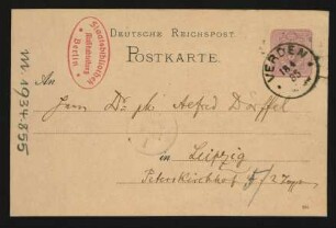 Postkarte an Alfred Dörffel : 18.04.1885