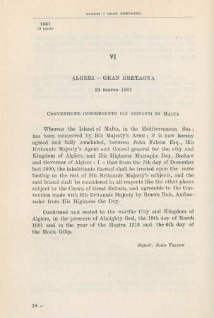 VI Algeri - Gran Bretagna 19 marzo 1801