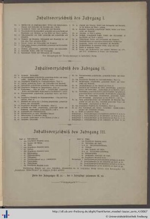 Inhaltsverzeichnis des Jahrgangs I / II / III.