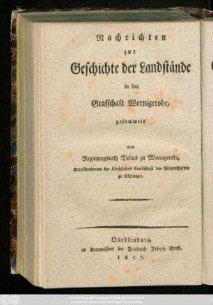 Bd. 2, H. 1: Nachrichten zur Geschichte der Landstände in der Grafschaft Wernigerode