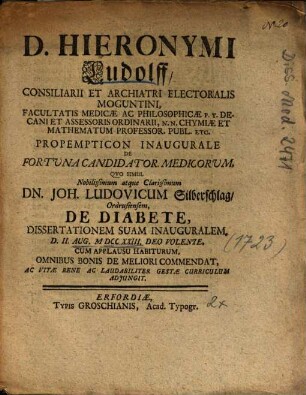 D. Hieronymi Ludolff, ... Propempticon Inaugurale De Fortuna Candidator. Medicorum, Qvo Simul ... Dn. Joh. Ludovicum Silberschlag, Ordrufiensem, De Diabete, ... Cum Applausu Habiturum, ...