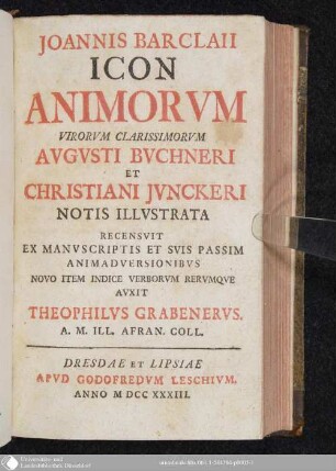 Joannis Barclaii Icon animorvm : Virorvm Clarissimorvm