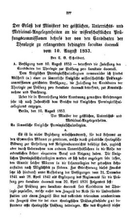 Der Erlaß des Ministers der geistlichen, Unterrichts- und Medicinal-Angelegenheiten an die wissenschaftlichen Prüfungskommissionen behufs der von den Candidaten der Theologie zu erlangenden bedingten facultas docendi vom 10. August 1853