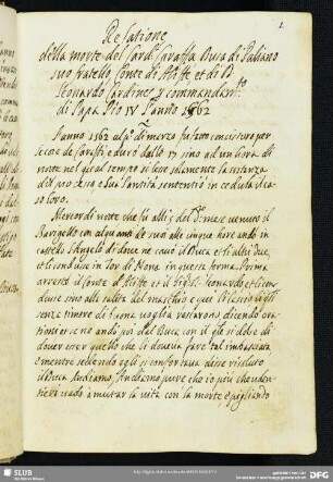 [Text 1:] Relatione della morte del Cardinale Caraffa Duca di Paliano suo fratello Conte di Aliffe