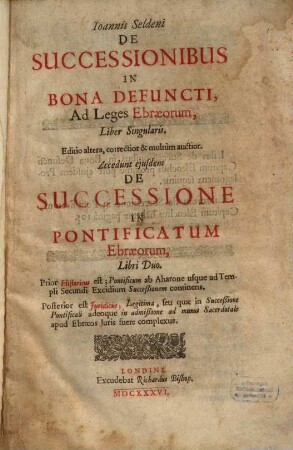 De successionibus ad leges Ebraeorum in bona defunctorum liber singularis