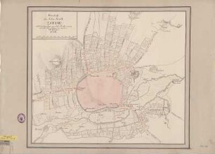 Plan von Zittau mit den Schanzen, 1:6 000, Handzeichnung, 1778 : Grundriss der Sechs-Stadt Zittau : nebst der damaligen gemachten Verschanzung / par D. E. Gadow. - [Ca. 1:6 000]. - [S.l.] , 1778. - 1 Kt. : kolor. Handzeichng. ; 54 x 47 cm