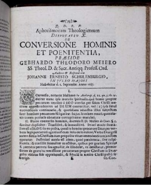 Aphorismorum Theologicorum Disputatio X. De Conversione Hominis Et Poenitentia
