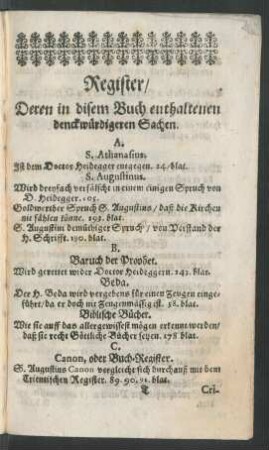 Register/ Deren in disem Buch enthaltenen denckwürdigen Sachen