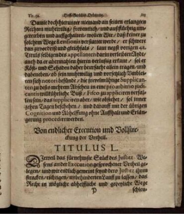 Von endlicher Execution und Vollstreckung der Urtheil. Titulus L.