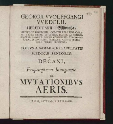 Georgii VVolffgangi VVedelii, ... Totivs Academiæ Et Facvltatis Medicæ Senioris, H. T. Decani, Propempticon Inaugurale De Mvtationibvs Aeris