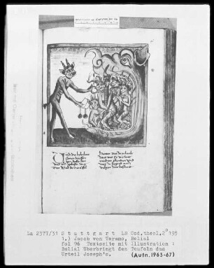 Jacob von Teramo, Belial und Johannes von Mandeville, Reise nach Jerusalem — Jacob von Teramo, Belial — Belial überbringt den Teufeln das Urteil Josephs, Folio 96recto