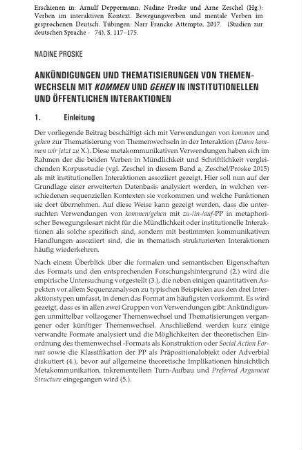 Ankündigungen und Thematisierungen von Themenwechseln mit kommen und gehen in institutionellen und öffentlichen Interaktionen
