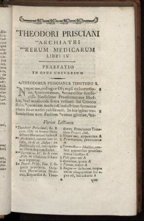 Theodori Prisciani Archiatri Rerum Medicarum Libri IV.