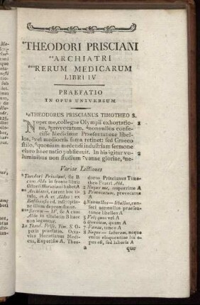 Theodori Prisciani Archiatri Rerum Medicarum Libri IV.