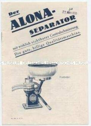 Der Alona-Separator mit wirklich sichtbarer Centralschmierung. Die gute, billige Qualitätsmaschine.