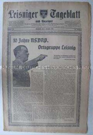 Regionale Tageszeitung "Leisniger Tageblatt" u.a. zum 10jährigen Bestehen der Ortsgruppe der NSDAP