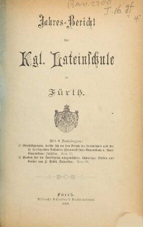 Jahres-Bericht der Kgl. Latein-Schule in Fürth. 1892/93