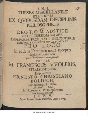 Theses Miscellaneae Splectiores Ex Quibusdam Disciplinis Philosophicis