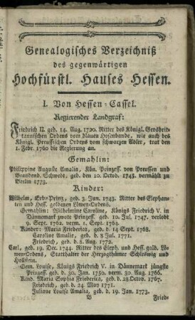 Genealogisches Verzeichniß des gegenwaertigen Hochfuerstl. Hauses Hessen