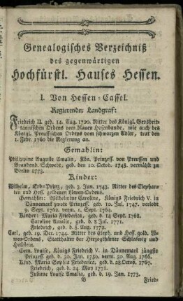 Genealogisches Verzeichniß des gegenwaertigen Hochfuerstl. Hauses Hessen