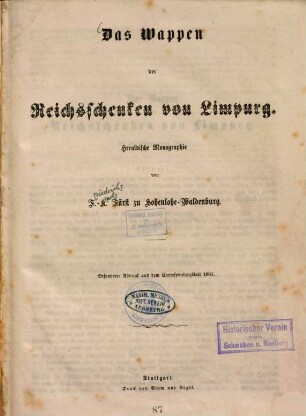 Das Wappen der Reichsschenken von Limpurg : Heraldische Monographie
