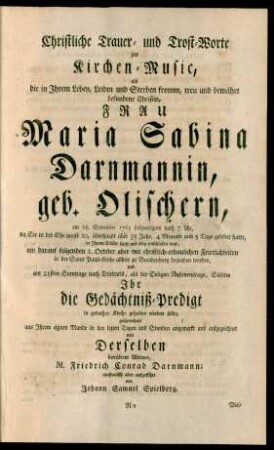 Christliche Trauer- und Trost-Worte zur Kirchen-Music
