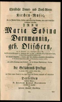 Christliche Trauer- und Trost-Worte zur Kirchen-Music