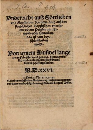 Vnderricht auß Göttlichen vnd Gaystlichen Rechten, Auch auß den flayschlichen Bepstischen vnrechten, ob ain Priester ain Eeweyb, oder Concubin das ist, ain beyschlaff haben möge