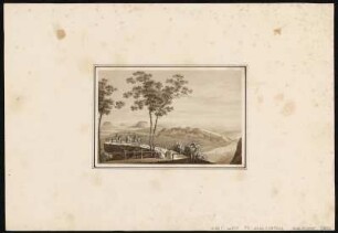 Basteiaussicht bei Rathen in der Sächsischen Schweiz nach Südosten mit Blick auf das Elbtal und die Tafelberge mit Königstein und Lilienstein, sepiagetönte Umrissradierung, um 1821 : Zingg, Adrian : Ausicht von der Bastey / [gefertigt von Adrian Zingg?]. - [S.l.] , [ca. 1821]. - 1 Kunstbl. : sepiagetönte Umrißradierung ; 15 x 10 cm. - in SKD gleiches Blatt mit A. Zingg beschriftet.