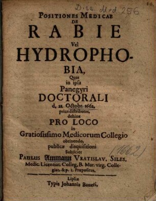 Positiones Medicae De Rabie Vel Hydrophobia