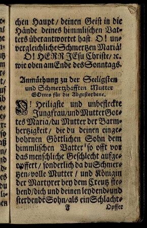 Anmüthung zu der Seeligen und Schmerzhafften Mutter Gottes für die Abgestorbene.