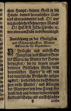 Anmüthung zu der Seeligen und Schmerzhafften Mutter Gottes für die Abgestorbene.