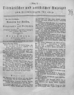 Nro. I., Literarischer und artistischer Anzeiger zum Freimüthigen, für 1809
